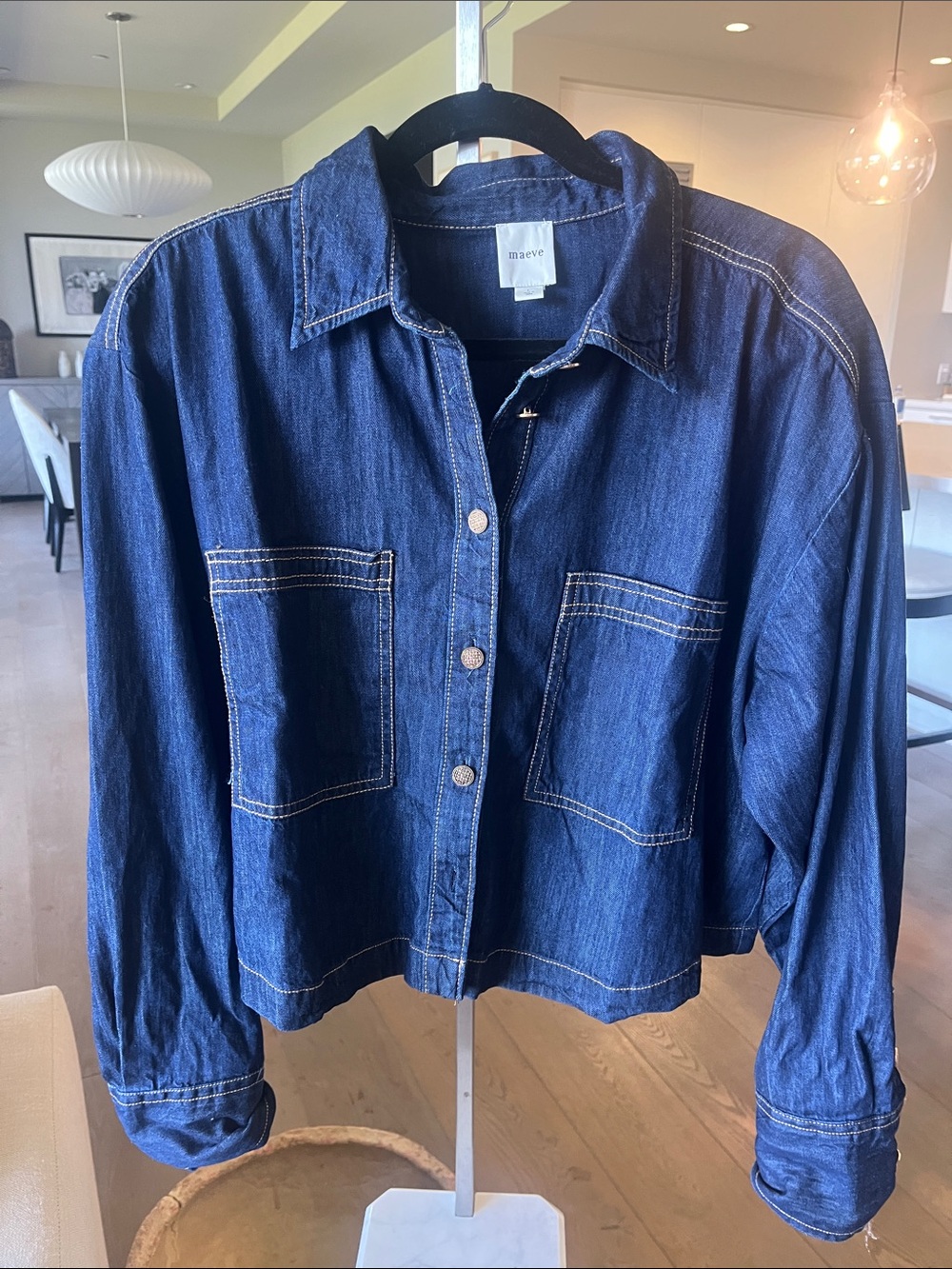 Maeve Dark Blue Denim Button-Front Jacket with Contrast Stitching
